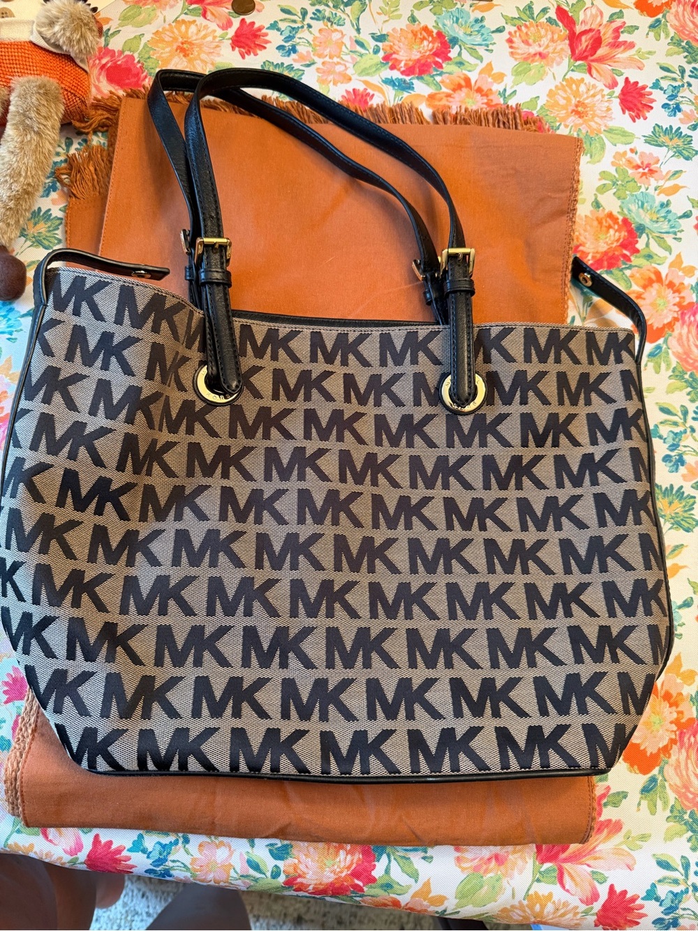 Michael Kors Brown Canvas MK Logo Tote with Black Trim